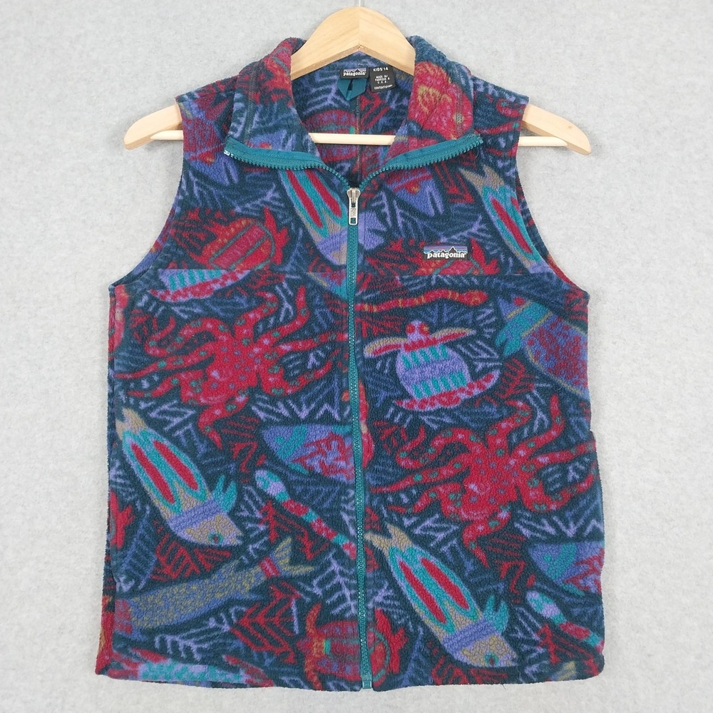 Patagonia Fleece Vest Kids XL Blue Deep Sea Creatures Synchilla Vintage 90s USA
